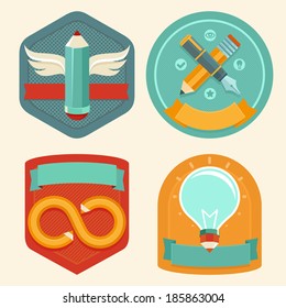 Vector graphic design emblems and icons in flat style - stylish badges with pencils and ideas