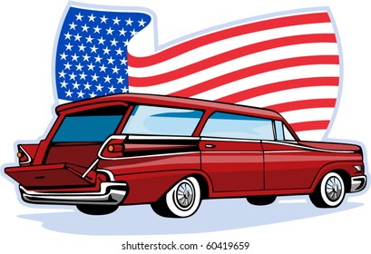 vector graphic design illustration of a 1950's styled station wagon isolated on white viewed from low angle done in retro style