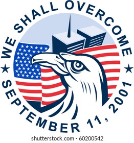 vector graphic design illustration of 9/11 memorial showing bald eagle with american flag  and world trade center twin tower building in the background