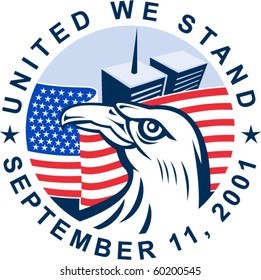 vector graphic design illustration of 9/11 memorial showing bald eagle with american flag  and world trade center twin tower building in the background