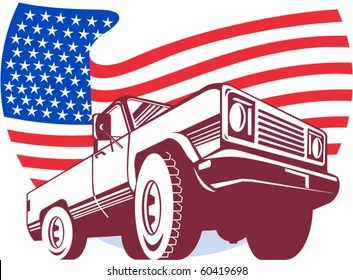 vector graphic design illustration of an American Pickup truck with stars and stripes flag isolated on white viewed from