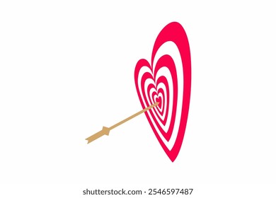 Vector graphic design illustration of an arrow piercing a heart-shaped target, symbolizing love, accuracy, and success. Ideal for romance, achievement, and Valentine's Day concepts.