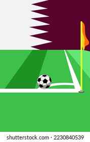 diseño gráfico vectorial, ilustración de una pelota yendo al fondo de la esquina con área vacía y bandera de Qatar durante la copa mundial