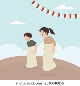 Vector graphic design illustration of a boy and a girl competing in a sack race. This is one of the typical competitions held during Indonesia's independence celebrations, every August 17th