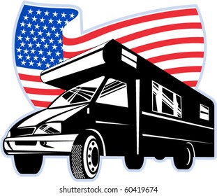 vector graphic design illustration of a Camper van with american with stars and stripes flag isolated on white viewed  from low angle done in retro style