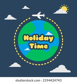 Vector graphic design illustration of a cartoon character of earth traversed by a plane in a kawaii doodle style. Suitable for travel, vacation, and children's book illustrations.