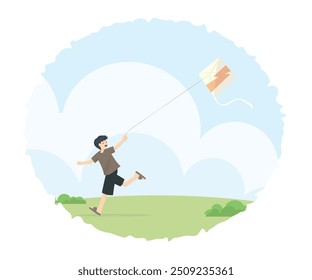 Vector graphic design illustration of a child running and playing a kite on a green hill