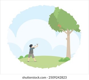 Vector graphic design illustration of a child playing with his slingshot to drop mangoes on the tree