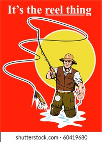 vector graphic design illustration of a Fly fisherman casting reel with fishing lure bait with text wording   "it's the reel thing" set inside a rectangle done in retro style
