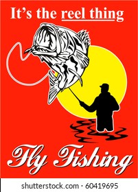 vector graphic design illustration of fly fisherman catching largemouth bass with fly reel with text wording   "it's the reel thing"