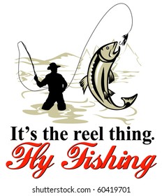 vector graphic design illustration of Fly fisherman catching trout with fly reel with text wording   