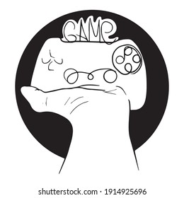 vector graphic design illustration of joystick in hand, icon, art tattoo sketch, logo, use in print