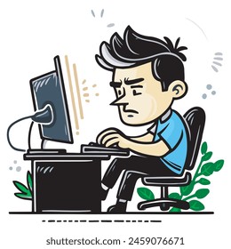 Ilustración de Diseño gráfico de Vector de un hombre sentado y trabajando frente a una computadora adecuada para iconos en su oficina y fondos en su Sitio web