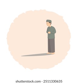 Vector graphic design illustration of a Muslim man wearing a green shirt who is doing one of the movements in prayer, namely standing.
