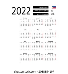 Ilustración de diseño gráfico vectorial del calendario Filipinas 2022. La semana comienza el lunes. 