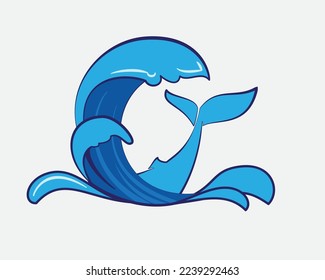 Vector graphic design illustration with round abstract symbol of whale and sea wave. Sea wave and tail of whale round vector illustration logo template isolated on white background.