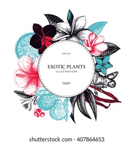 Vector graphic design with ink hand drawn tropical fruit, flowers, spice and leaves sketch. Vintage exotic plants background. Summer time template