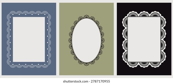 Vector graphic design, lace linear border and frame with copy space for text, logo, monogram, minimal trendy stationery and brand packaging template, wedding invitation and greeting card label