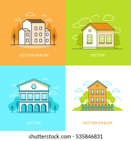 Vector graphic design and logo design template - real estate concepts in trendy linear style - houses and buildings