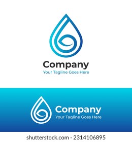 Vector Graphic Design Logo of water drop and leaf in blue gradient with line style