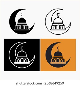 vector graphic design of mosque and crescent moon icon pack, Islamic holidays, worship, Isra' Mi'raj, black background