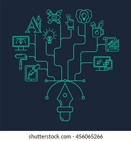 Vector graphic design pattern with turquoise linear icons on black. Line style designer background with place for text.