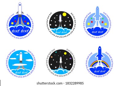 Vektorgrafik-Design von Raketen, die ins All schießen. Raketenstart in den Himmel mit Rauch, Wolke, Stern, Planeten, Mond und Regenbogen.