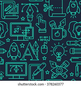 Vector graphic design seamless pattern with bright linear icons on black. Line style designer background with place for text.