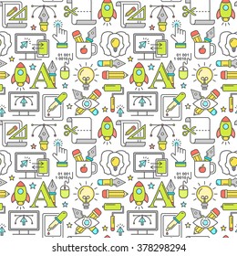 Vector graphic design seamless pattern with colored linear icons. Line style designer background with place for text.