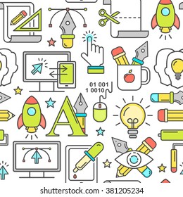 Vector graphic design seamless pattern with colored linear icons. Line style designer background with place for text.