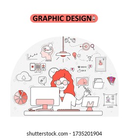 A vector of graphic design service concept,consists of woman, tools, creative thinking, and doodle elements.