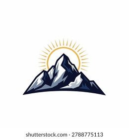 A vector graphic design of a sharp mountain range with a sunburst halo behind it in a modern flat style.