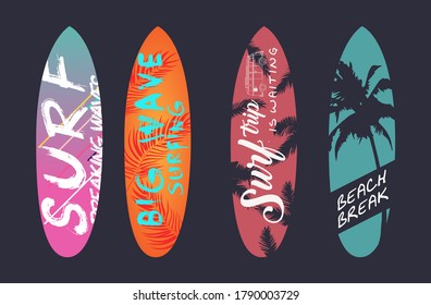 diseño gráfico vectorial. lemas preparados para el verano en tablas de surf