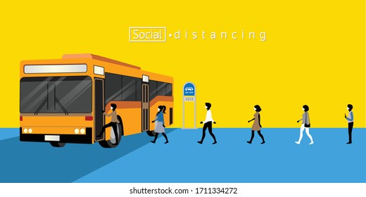 Vector Graphic Design Of Social Distance Spacing People Queuing For A Bus.