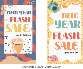 Gráfico vectorial de la plantilla de Design Story con cámara retro fiesta de año nuevo y bebidas. Adecuado para uso como medio promocional de productos. Totalmente editable.