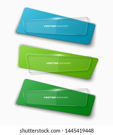 Vector graphic design transparent banner backgrounds in three different colors. Paper origami style. Abstract glass banner