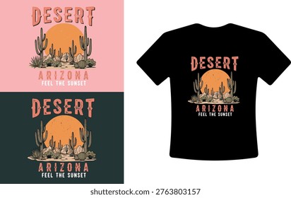 Vector graphic design for t-shirt featuring desert landscape with cacti and sunset