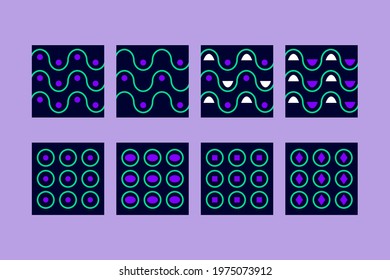 Vector graphic design with two colored wavy lines, circles, stroke, rhombus, squares. Geometric pattern or background set