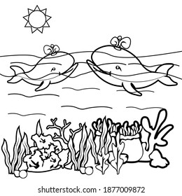 vector graphic design of whale underwater animal coloring book