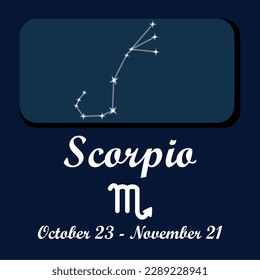 Vector graphic design for the zodiac sign for Scorpio the scorpion. Scorpio's ruling planet is Pluto, for transformation and rebirth. Characteristics are intense, mysterious, loyal, and ambitious.