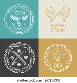 Vector graphic designer badges and logos in trendy linear style - pens and pencils and light bulb icons