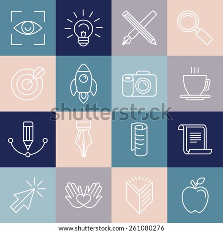 Vector graphic designer icons and badges in linear style - tools and objects