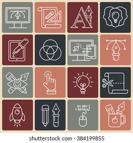 Vector graphic designer icons set in linear style. Designers tools and objects.