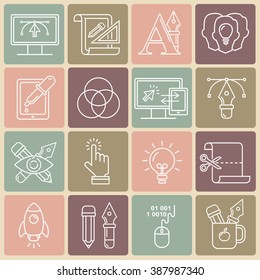 Vector graphic designer icons set in linear style. Designers tools and objects.
