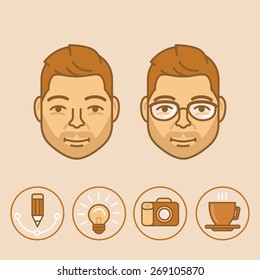 Vector graphic designer portrait and avatar in trendy linear style - and icons related to freelance creative work