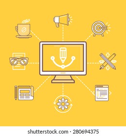 Vector graphic designer tools and icons in trendy linear style - marketing concepts