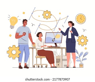 Vector graphic designers, illustrator, studio art director in creative process of searching for new ideas. Bezier curve coming out from under Pen tool. Colored flat cartoon style.