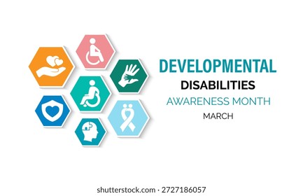 Um gráfico vetorial do mês de conscientização das Deficiências do Desenvolvimento é observado todos os anos em março. Conceito de férias. Design para banner, cartões, impressões, mídias sociais, cartaz, folheto e modelo de design de fundo.