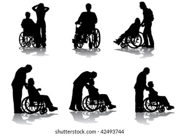 Vector graphic disabled in a wheel chair. Silhouettes on a white background