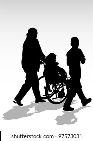 Vector Graphic Disabled In A Wheel Chair. Silhouettes Of People